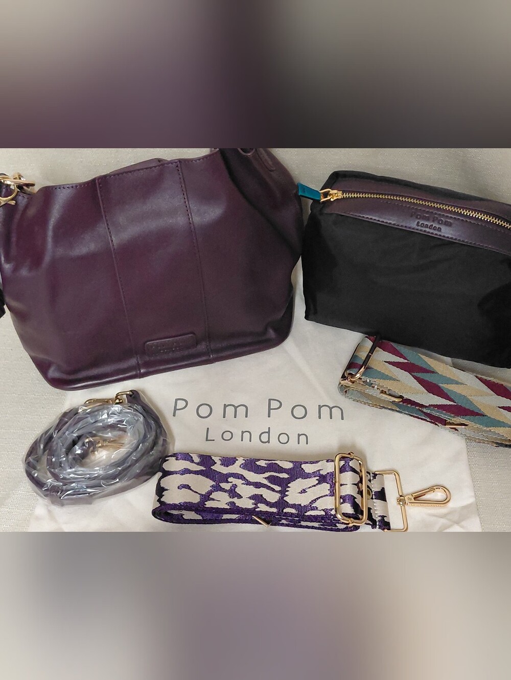 Pom Pom London Plum Leather Crossbody Bag with Patterned Strap